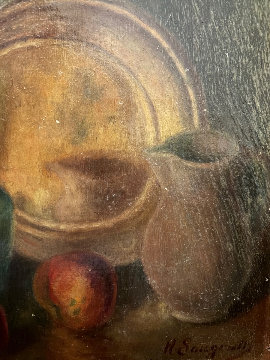 Huile sur panneau, nature morte au pichet vert et aux pommes. Début XX eme siecle-photo-4