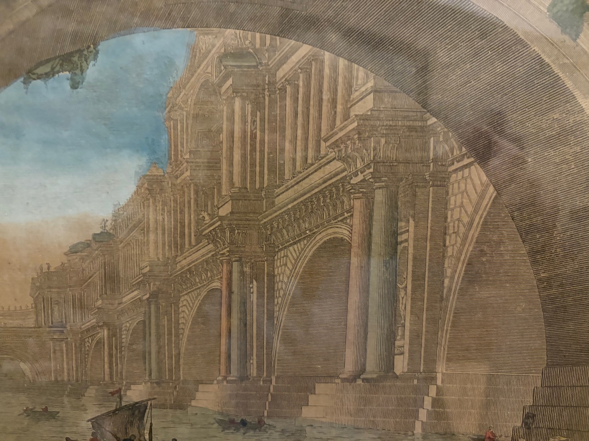 Vue d’optique, « Pont triomphal érigé par un Empereur », d’après Piranése, XVIII éme siècle -photo-3