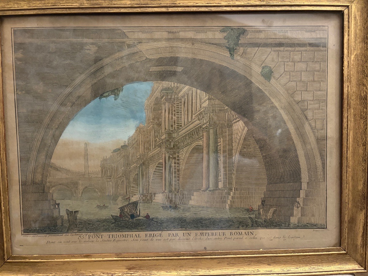 Vue d’optique, « Pont triomphal érigé par un Empereur », d’après Piranése, XVIII éme siècle 