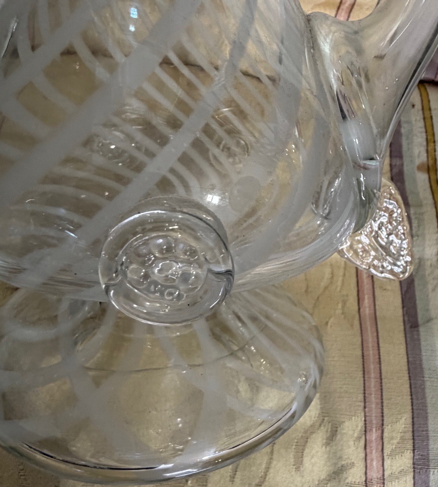 Grande aiguière en verre soufflé, décorée de filaments blancs, Venise, XX éme siècle.-photo-4