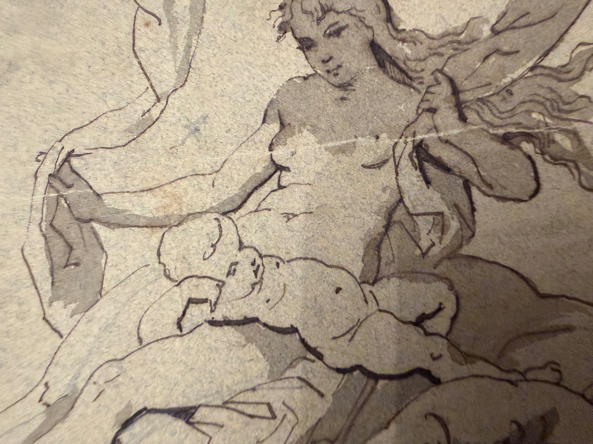 Pen-and-ink Drawing Of A Young Goddess With Her Baby In A Seashell. France, 19th Century.-photo-4