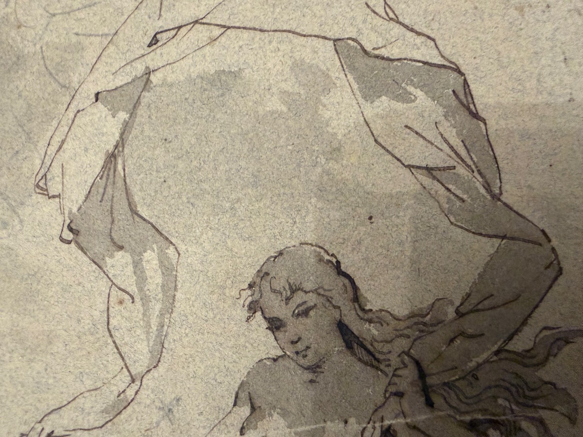 Pen-and-ink Drawing Of A Young Goddess With Her Baby In A Seashell. France, 19th Century.-photo-1