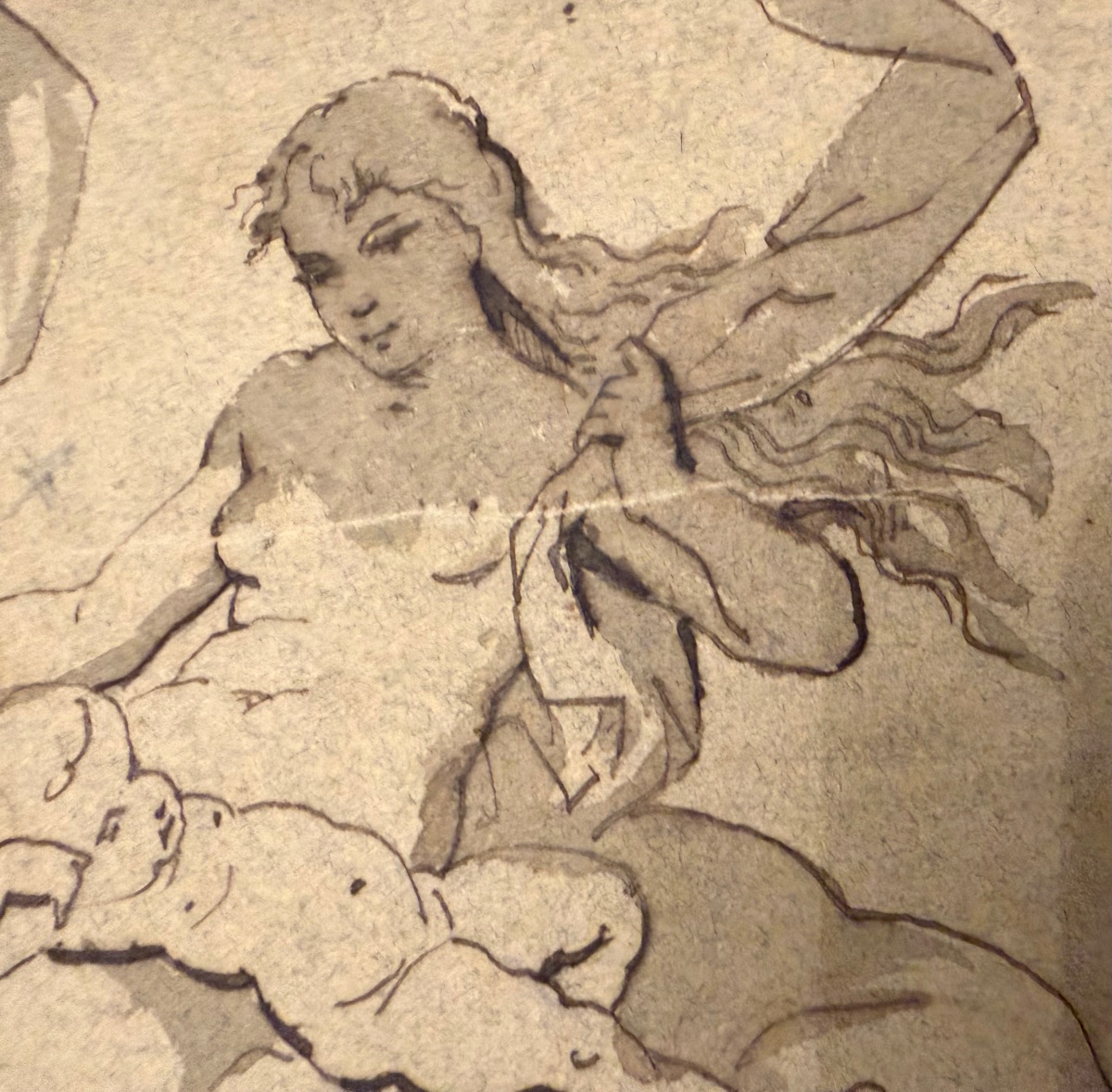 Pen-and-ink Drawing Of A Young Goddess With Her Baby In A Seashell. France, 19th Century.-photo-4