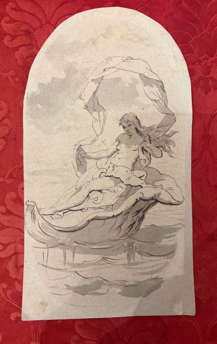 Pen-and-ink Drawing Of A Young Goddess With Her Baby In A Seashell. France, 19th Century.