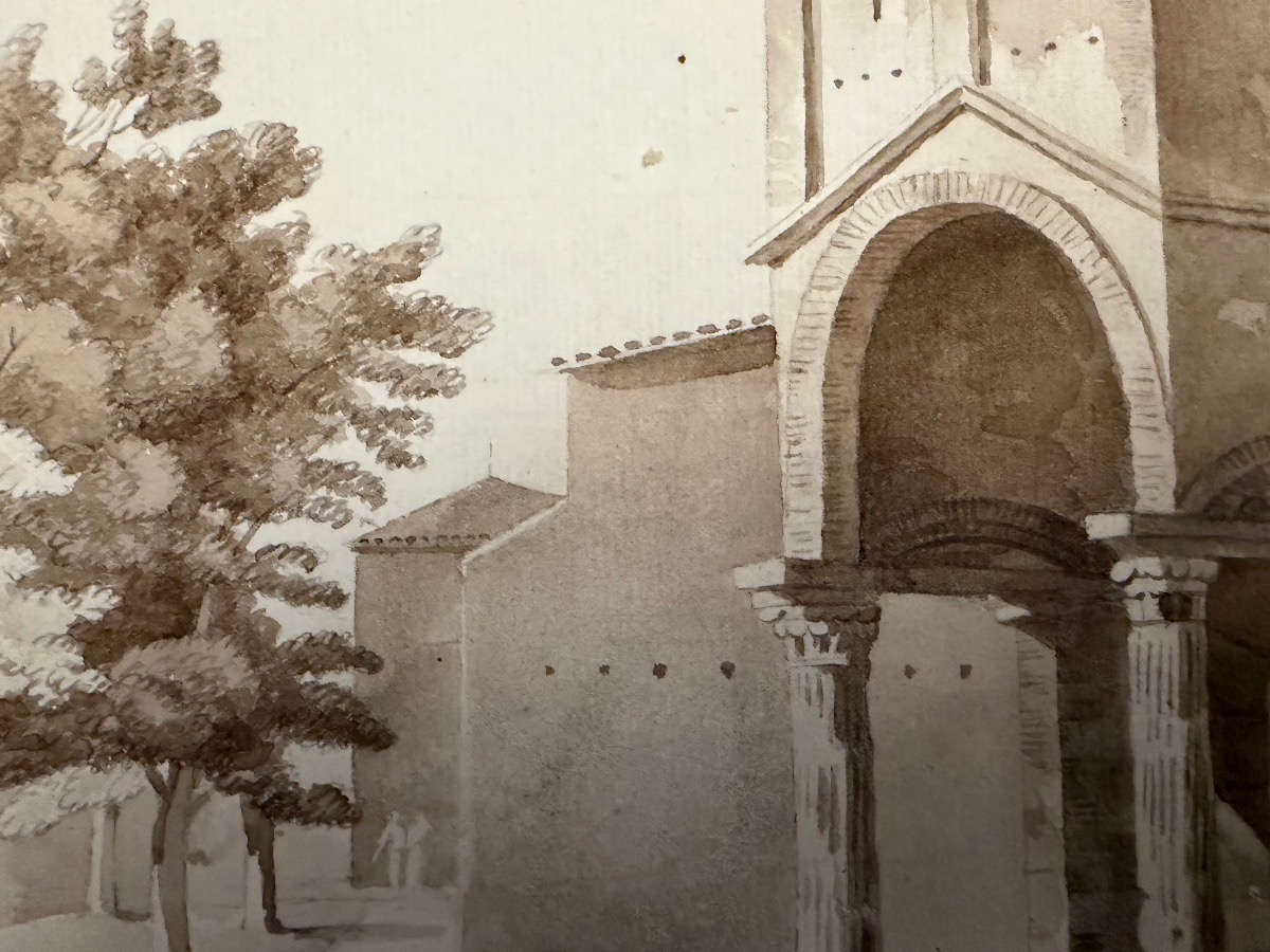 Large Drawing With 3 Monks , A Church, And A Covent. XIX Teen Century. France.  -photo-2