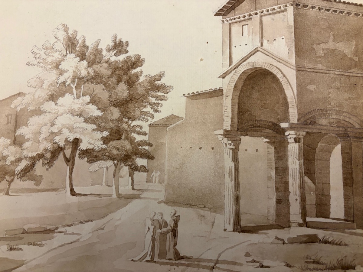 Large Drawing With 3 Monks , A Church, And A Covent. XIX Teen Century. France.  -photo-3