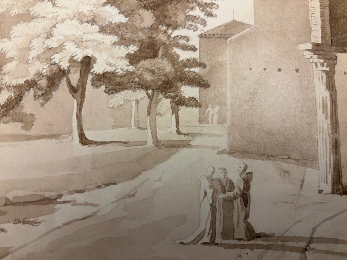 Large Drawing With 3 Monks , A Church, And A Covent. XIX Teen Century. France.  -photo-4