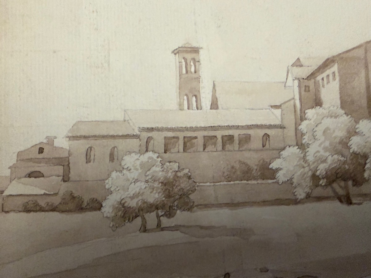 Large Drawing With 3 Monks , A Church, And A Covent. XIX Teen Century. France.  -photo-1