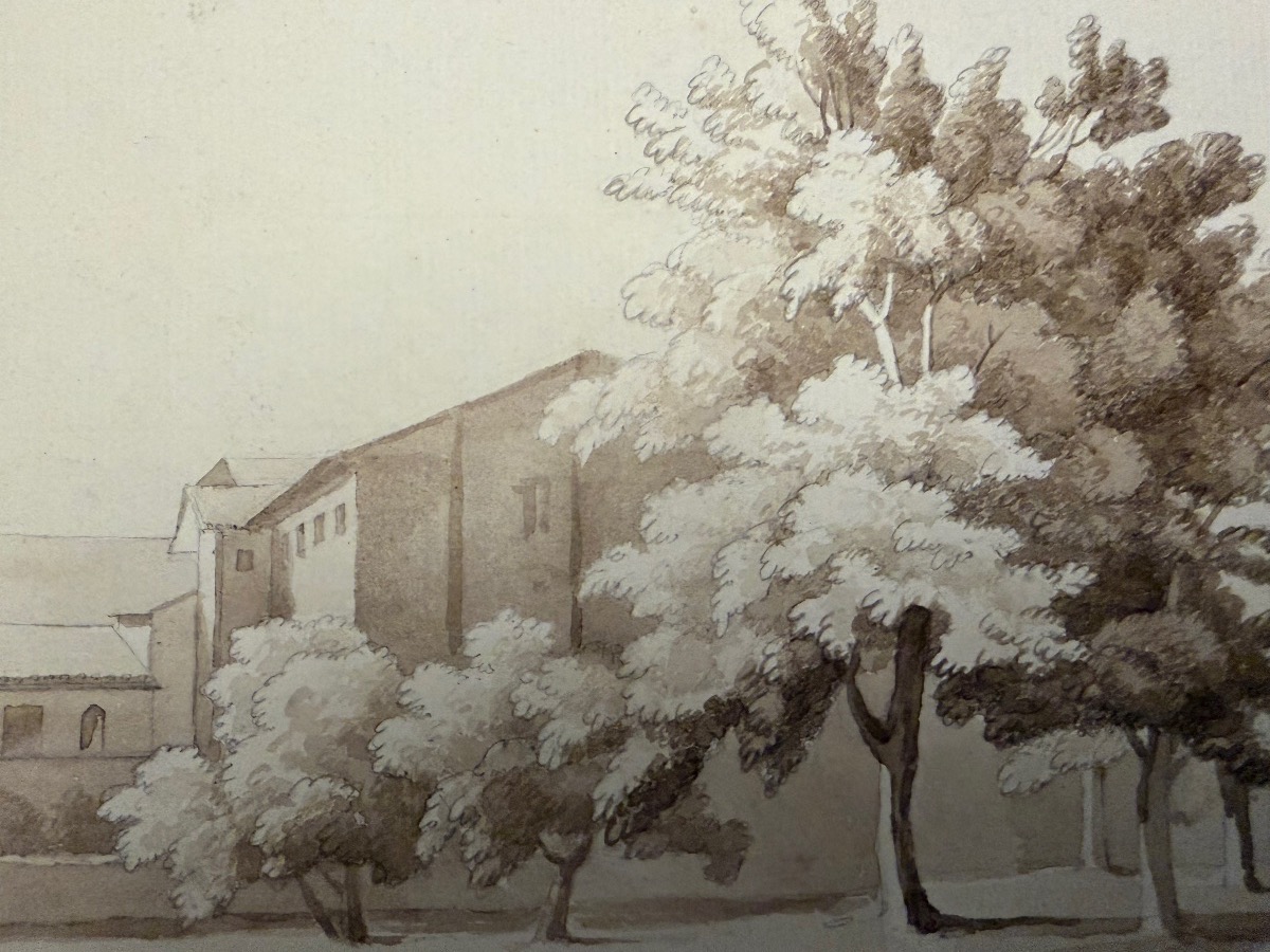 Large Drawing With 3 Monks , A Church, And A Covent. XIX Teen Century. France.  -photo-2