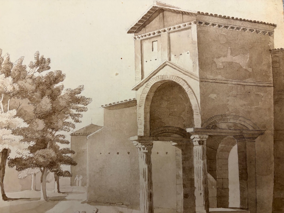 Large Drawing With 3 Monks , A Church, And A Covent. XIX Teen Century. France.  -photo-3