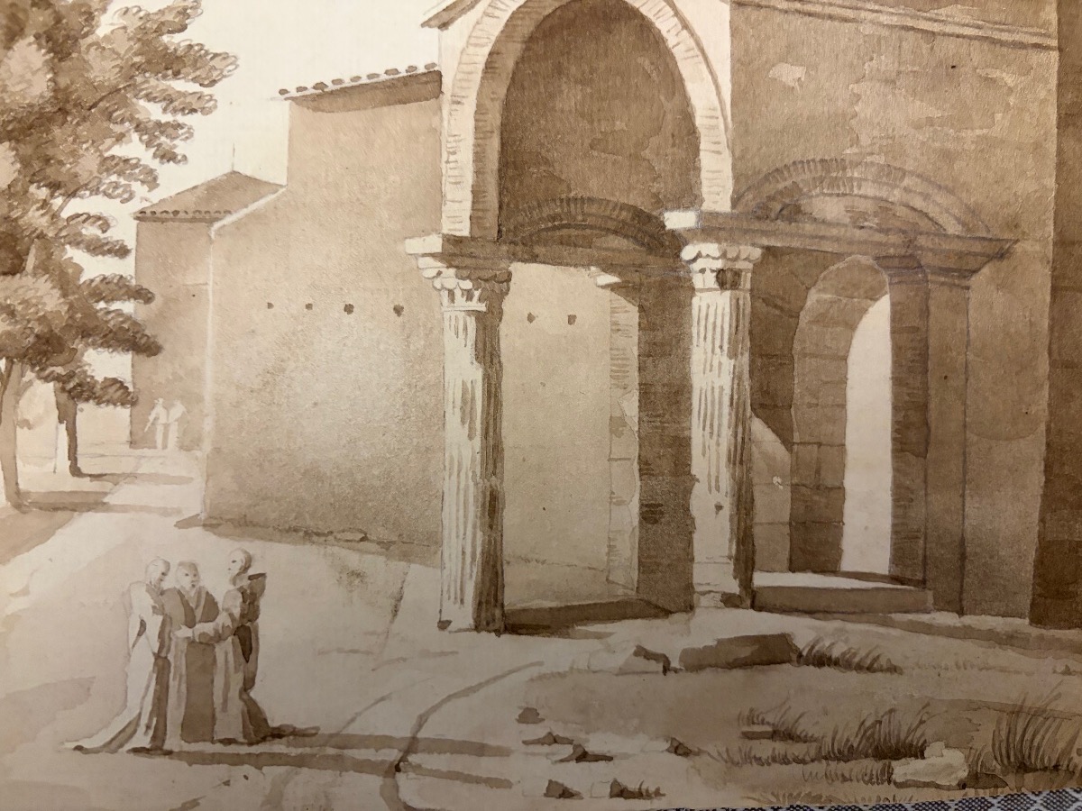 Large Drawing With 3 Monks , A Church, And A Covent. XIX Teen Century. France.  -photo-4
