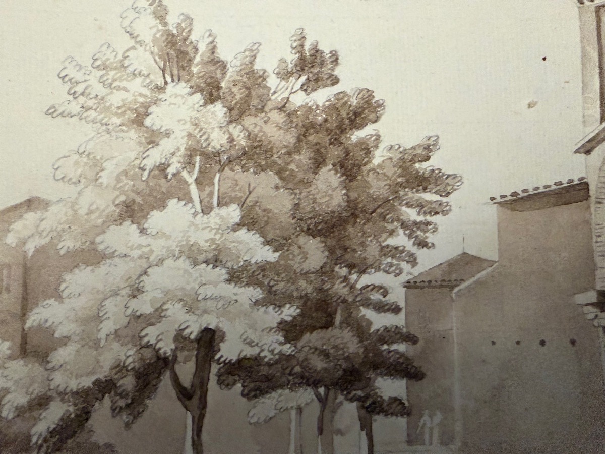 Large Drawing With 3 Monks , A Church, And A Covent. XIX Teen Century. France.  -photo-5