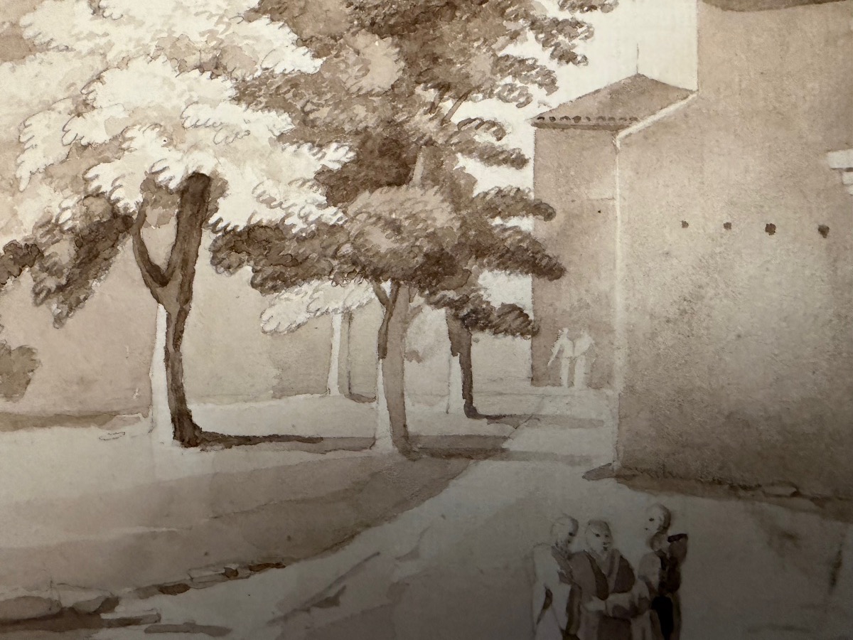 Large Drawing With 3 Monks , A Church, And A Covent. XIX Teen Century. France.  -photo-7