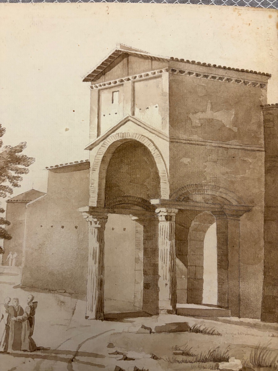 Large Drawing With 3 Monks , A Church, And A Covent. XIX Teen Century. France.  -photo-8