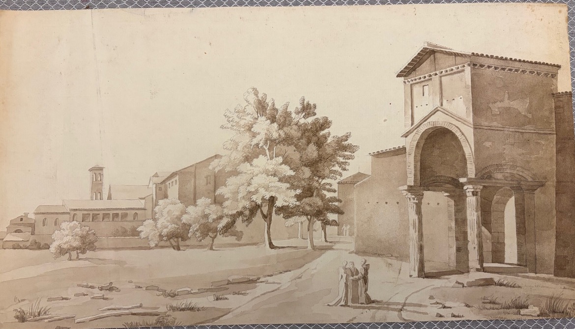 Large Drawing With 3 Monks , A Church, And A Covent. XIX Teen Century. France.  