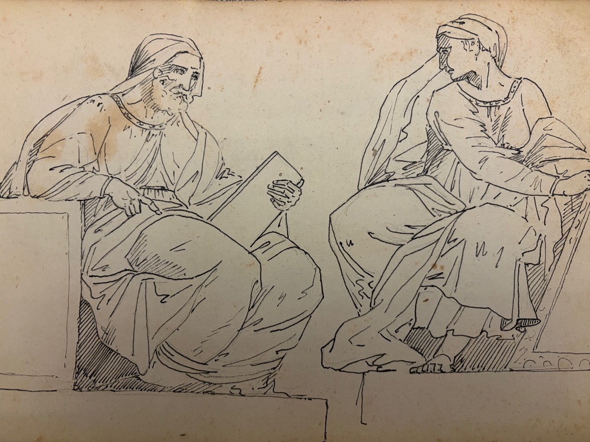 Double-sided Drawing: On One Side, A Copy Of Two Figures By Michelangelo, And A View Of Italy