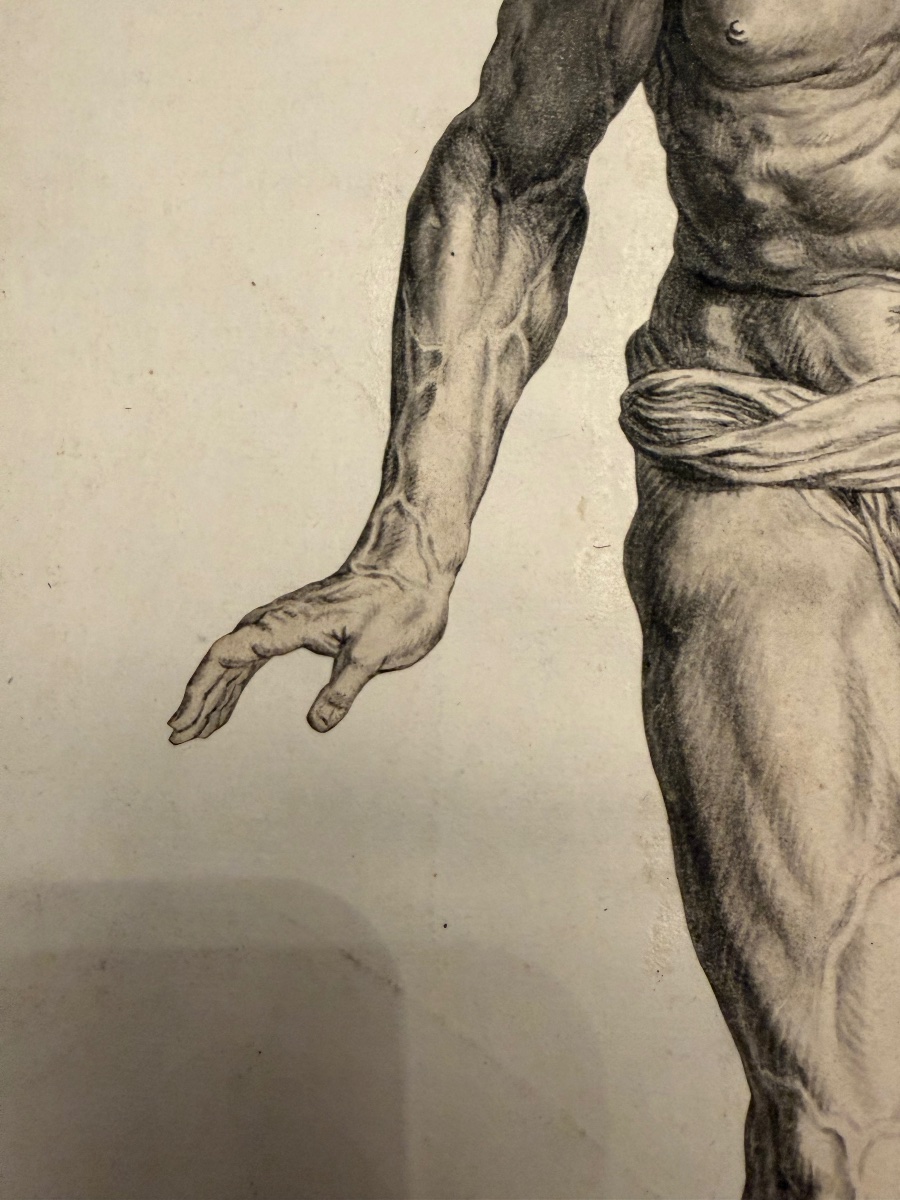 Étonnante étude académique, XVII eme siecle. Homme nu, les pieds dans une cuve. Dessin découpé.-photo-2