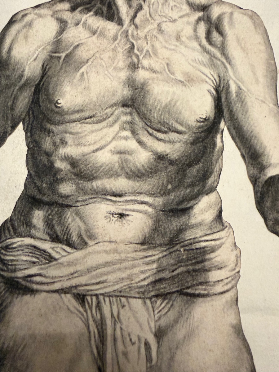 Étonnante étude académique, XVII eme siecle. Homme nu, les pieds dans une cuve. Dessin découpé.-photo-3