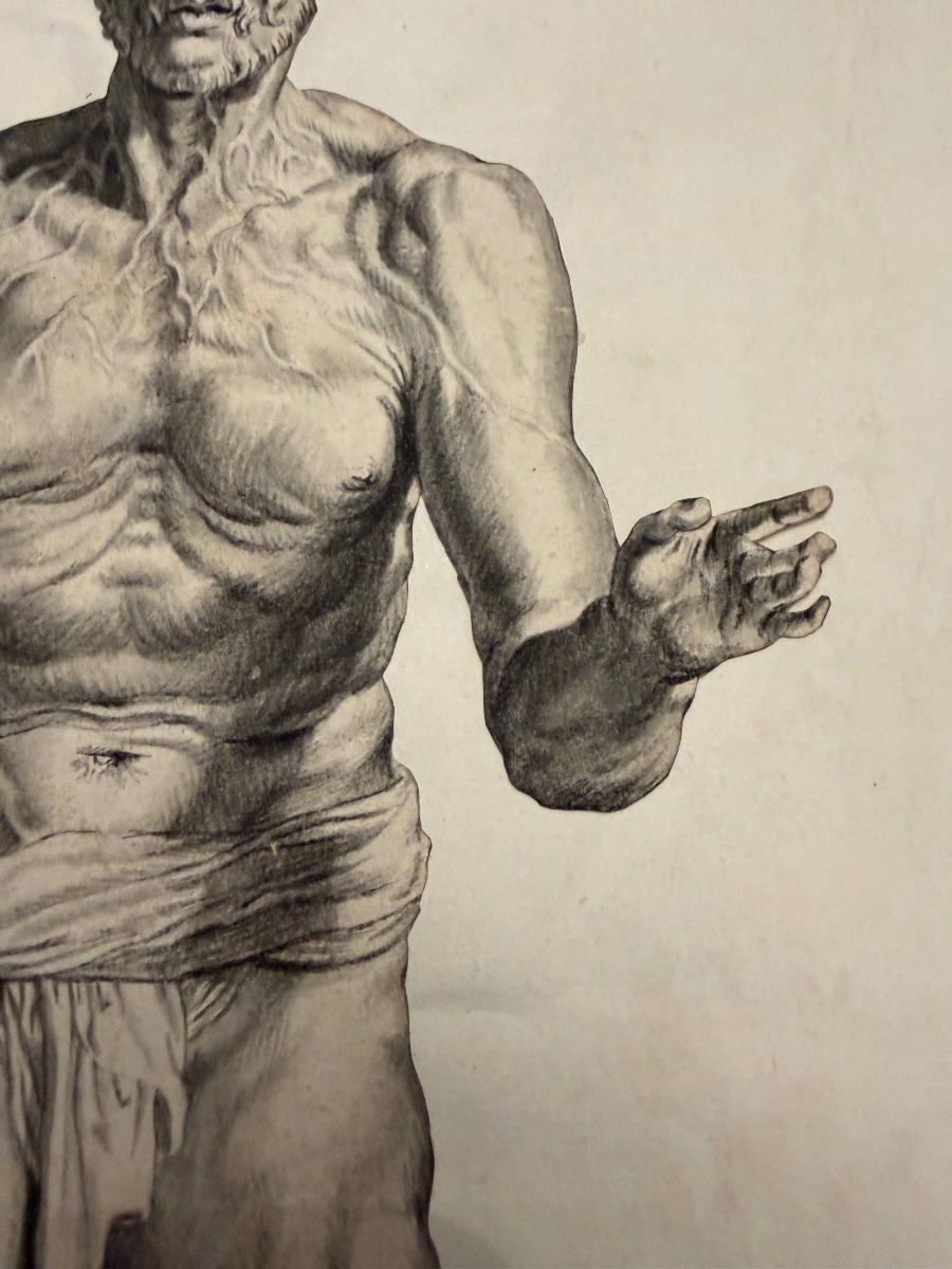 Étonnante étude académique, XVII eme siecle. Homme nu, les pieds dans une cuve. Dessin découpé.-photo-4