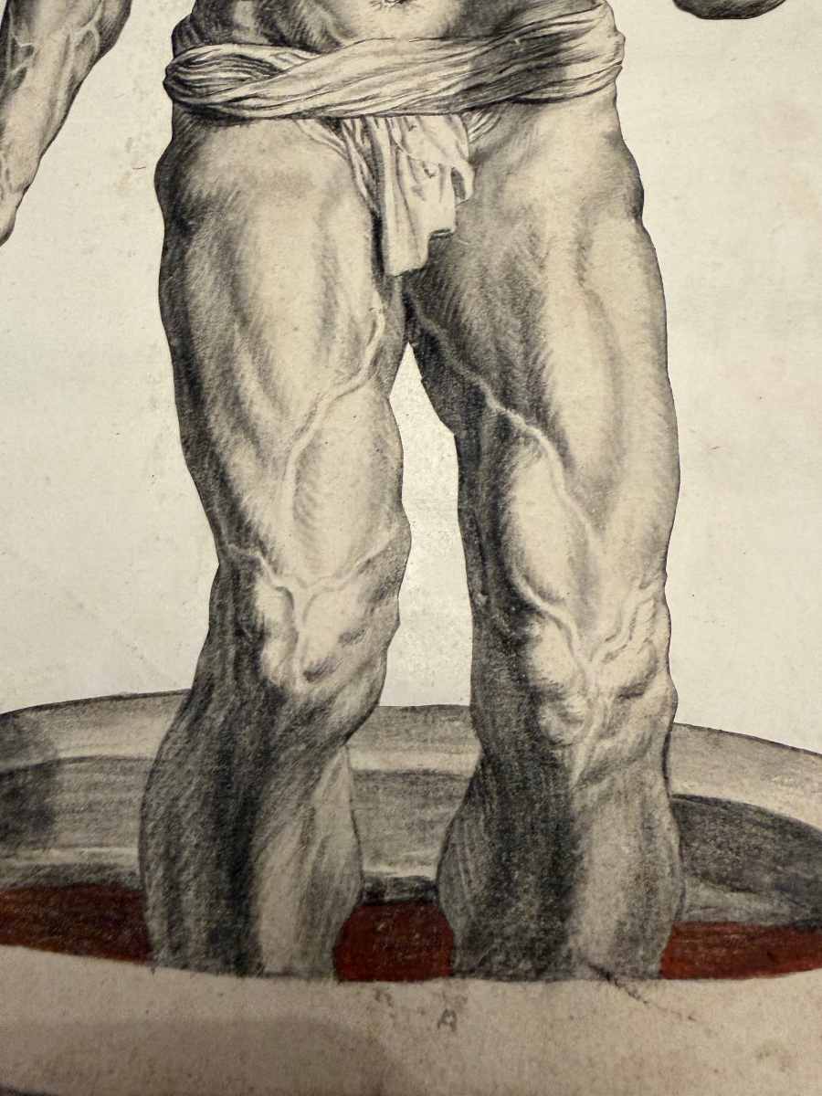 Étonnante étude académique, XVII eme siecle. Homme nu, les pieds dans une cuve. Dessin découpé.-photo-1