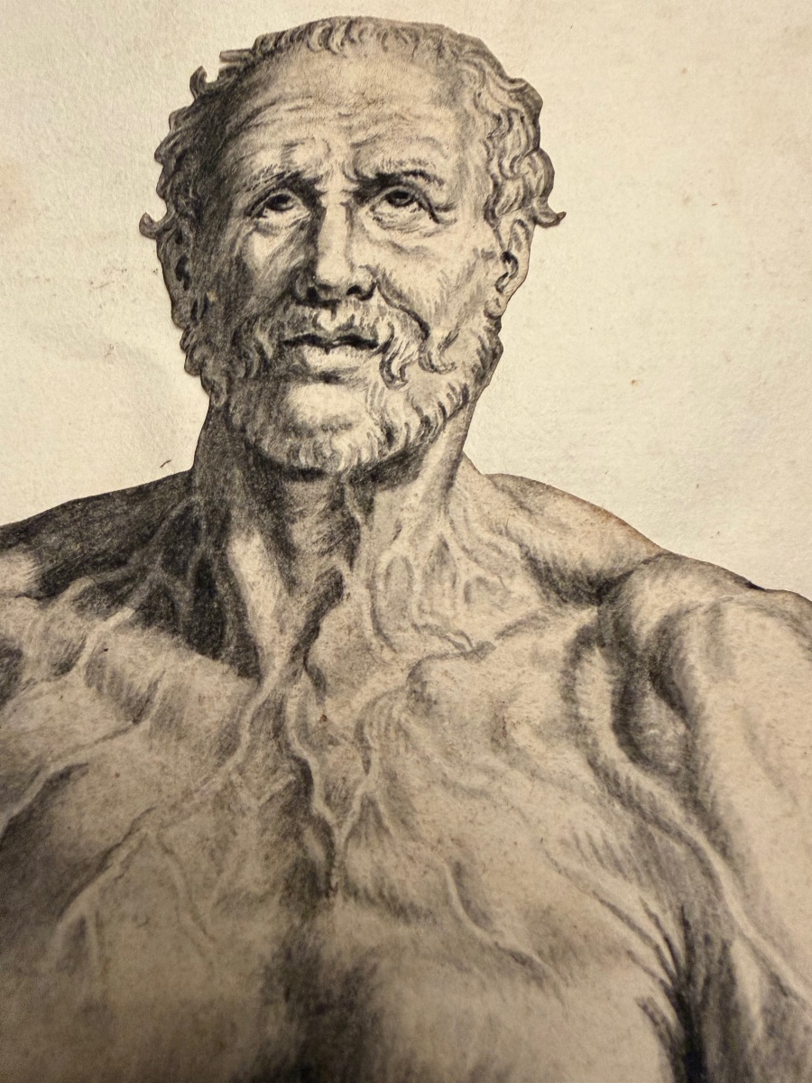 Étonnante étude académique, XVII eme siecle. Homme nu, les pieds dans une cuve. Dessin découpé.-photo-2