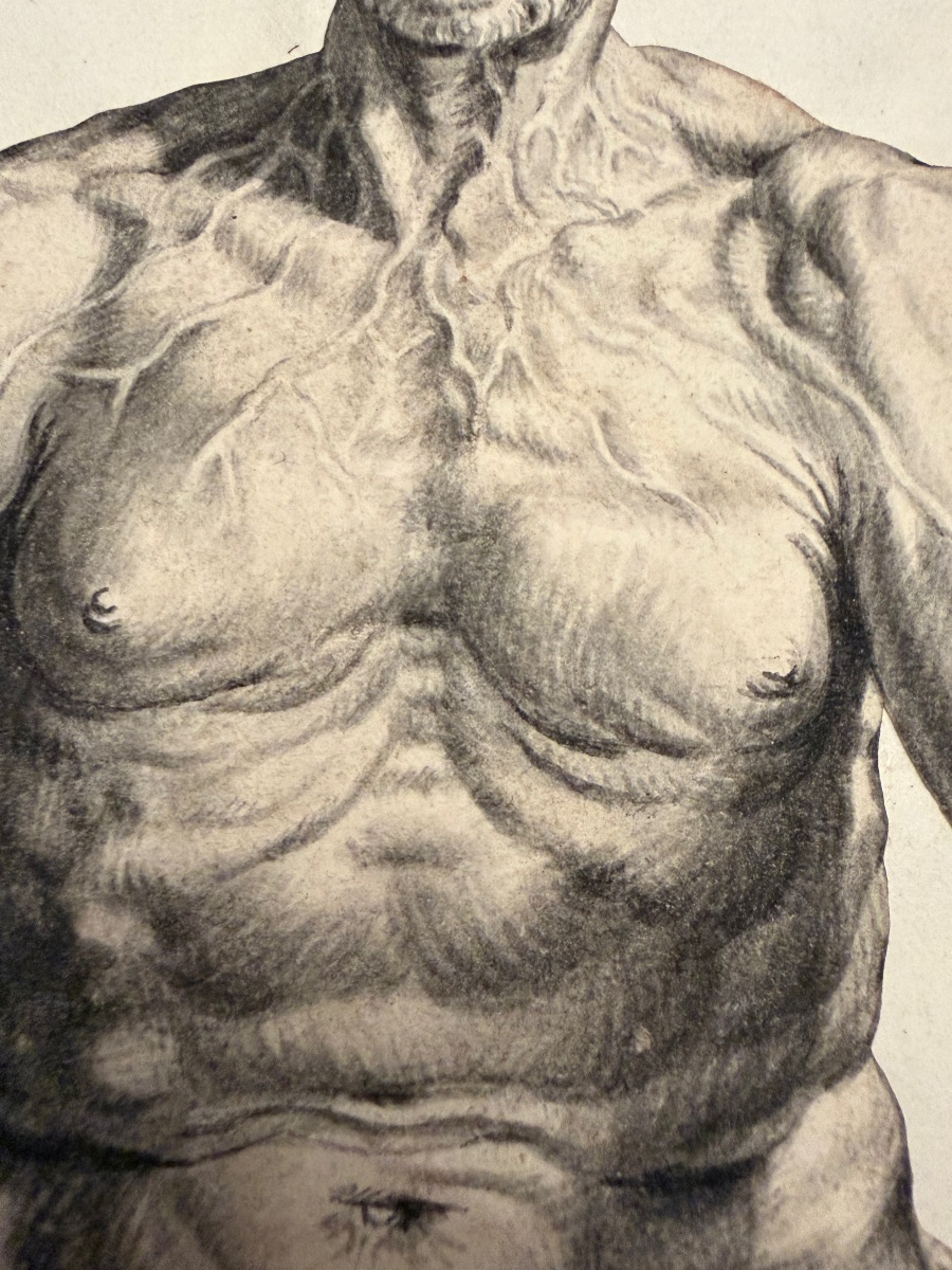 Étonnante étude académique, XVII eme siecle. Homme nu, les pieds dans une cuve. Dessin découpé.-photo-3
