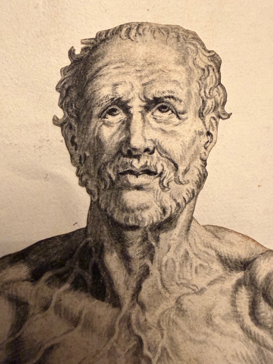 Étonnante étude académique, XVII eme siecle. Homme nu, les pieds dans une cuve. Dessin découpé.-photo-4