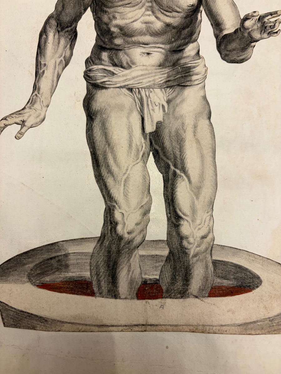 Étonnante étude académique, XVII eme siecle. Homme nu, les pieds dans une cuve. Dessin découpé.-photo-5