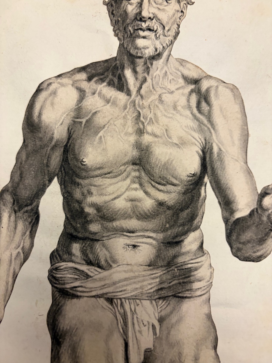 Étonnante étude académique, XVII eme siecle. Homme nu, les pieds dans une cuve. Dessin découpé.-photo-6