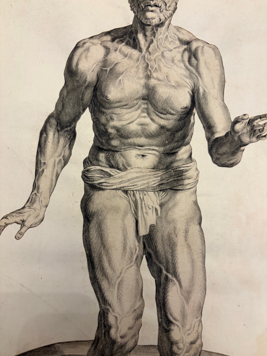 Étonnante étude académique, XVII eme siecle. Homme nu, les pieds dans une cuve. Dessin découpé.-photo-8