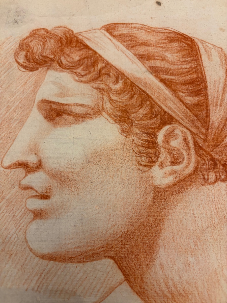 Étude académique fin XVIII éme siècle, sanguine, profil masculin (?), les cheveux retenus.-photo-1