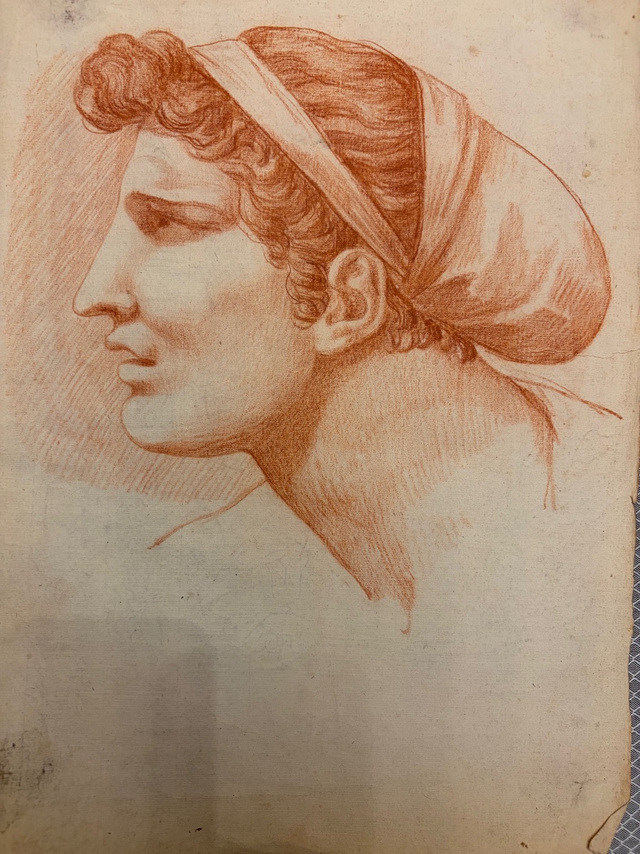 Étude académique fin XVIII éme siècle, sanguine, profil masculin (?), les cheveux retenus.