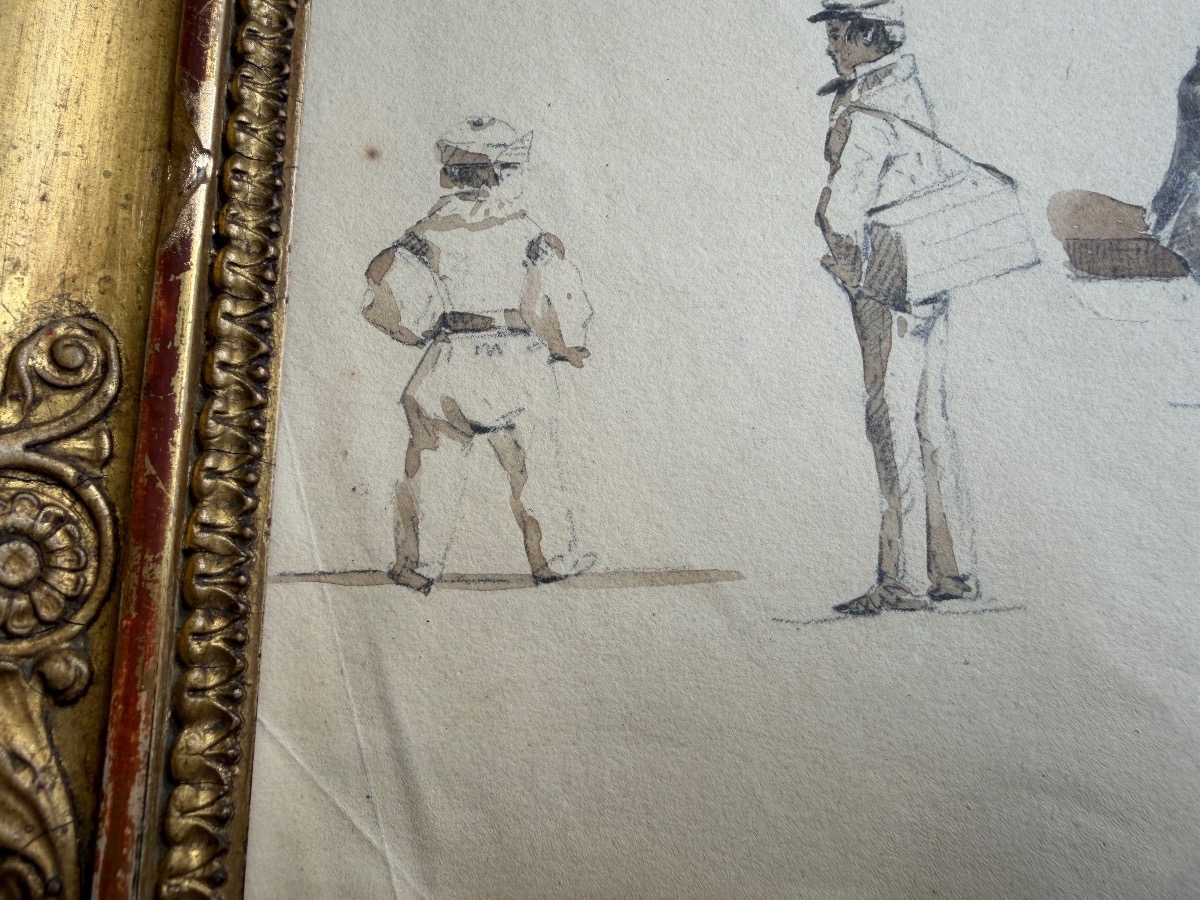 Feuille d’études de personnages, encre et lavis d’encre, XIX eme siècle, France.-photo-2