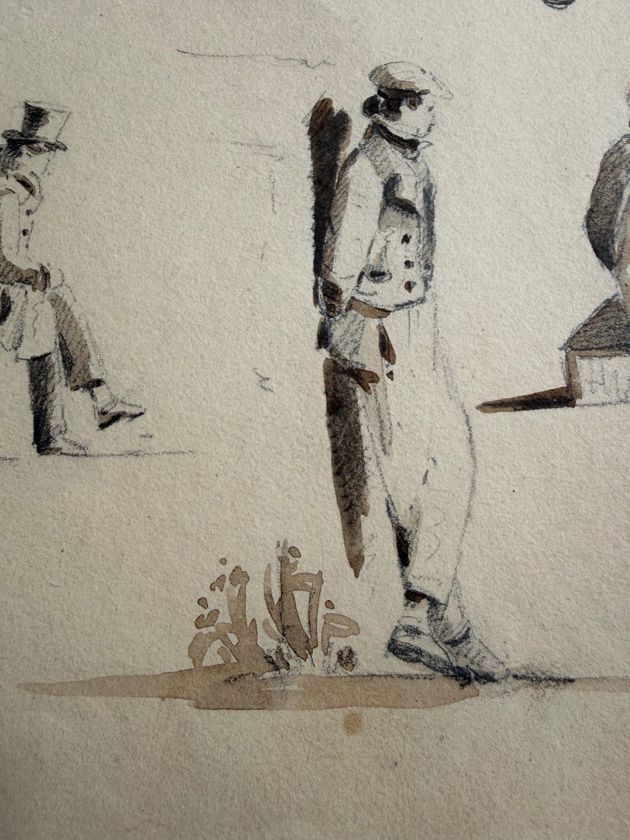 Feuille d’études de personnages, encre et lavis d’encre, XIX eme siècle, France.-photo-4