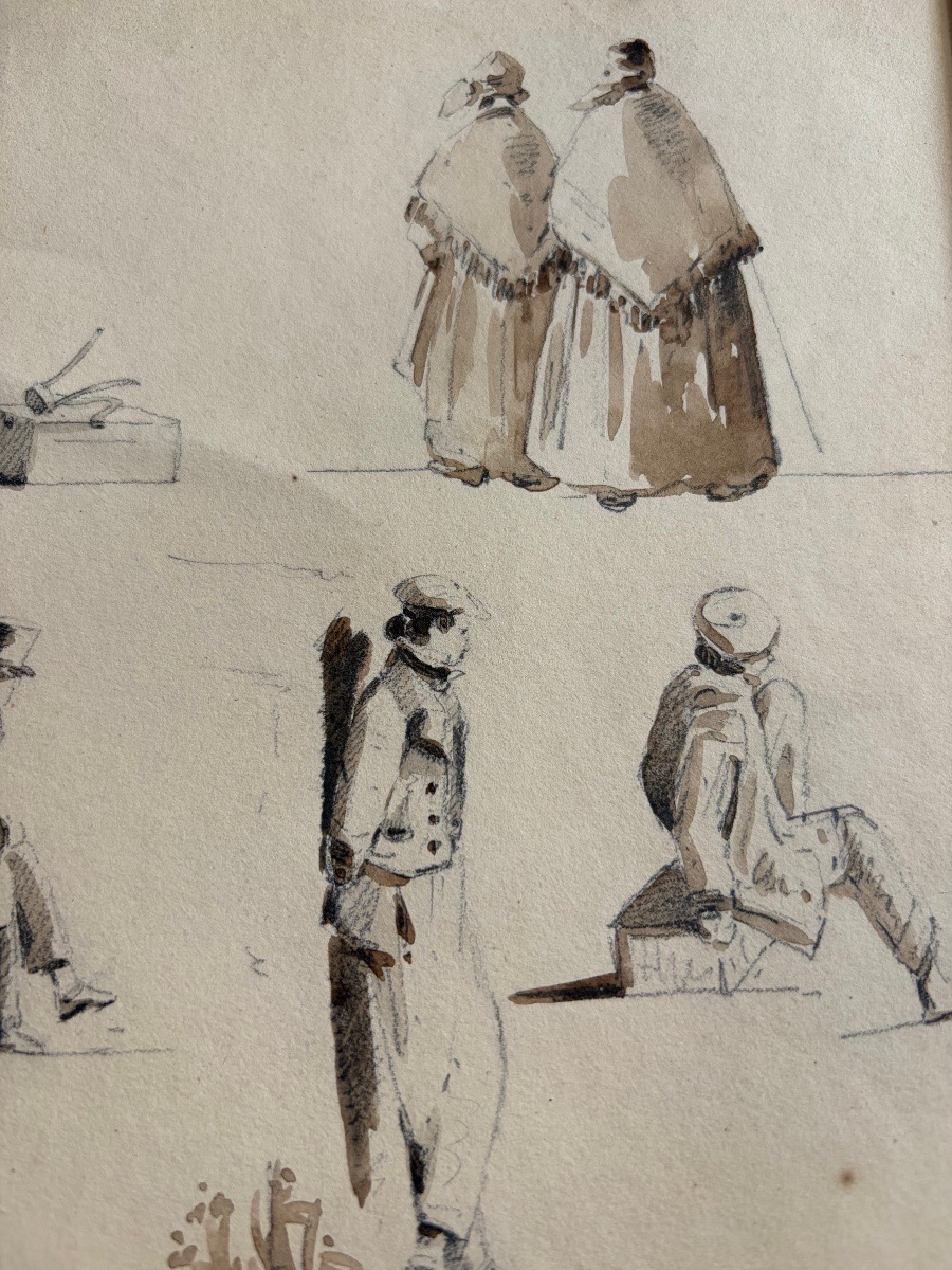 Feuille d’études de personnages, encre et lavis d’encre, XIX eme siècle, France.-photo-1