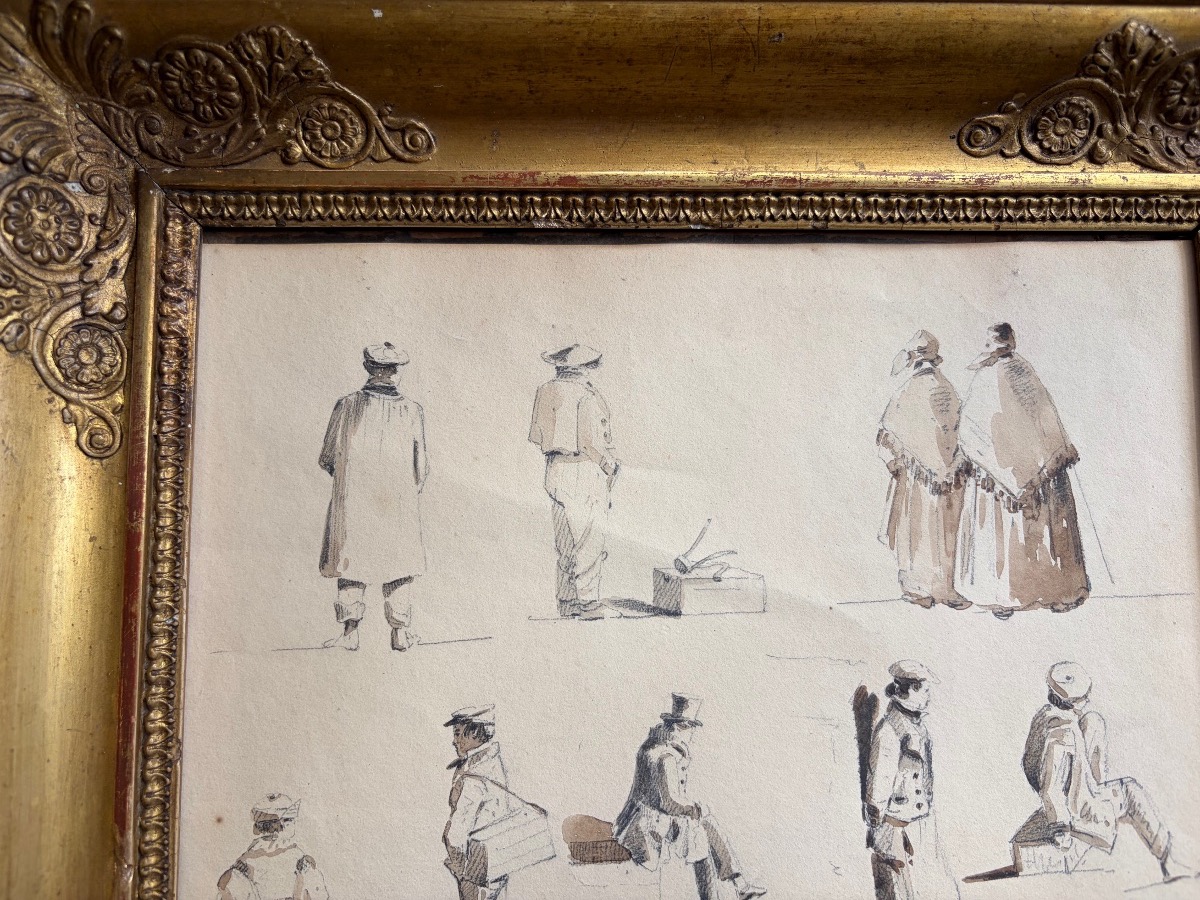Feuille d’études de personnages, encre et lavis d’encre, XIX eme siècle, France.-photo-2