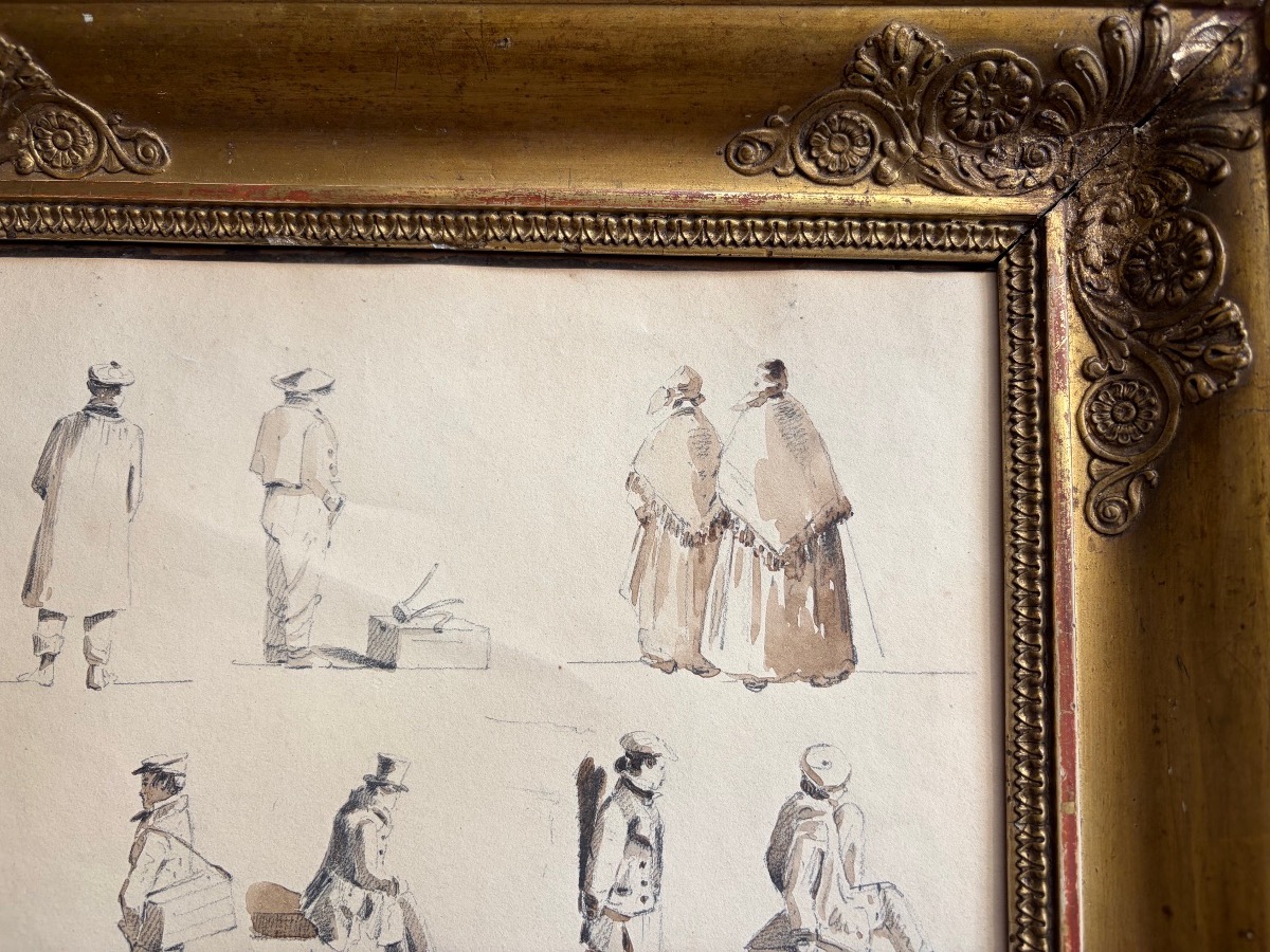 Feuille d’études de personnages, encre et lavis d’encre, XIX eme siècle, France.-photo-3