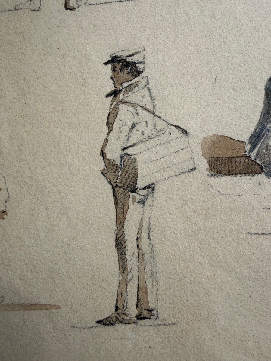 Feuille d’études de personnages, encre et lavis d’encre, XIX eme siècle, France.-photo-7