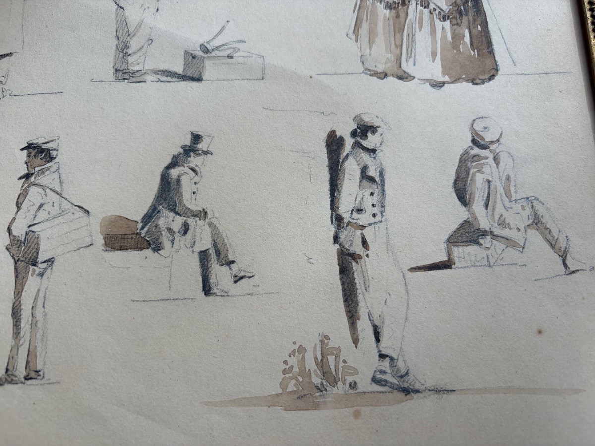Feuille d’études de personnages, encre et lavis d’encre, XIX eme siècle, France.-photo-8