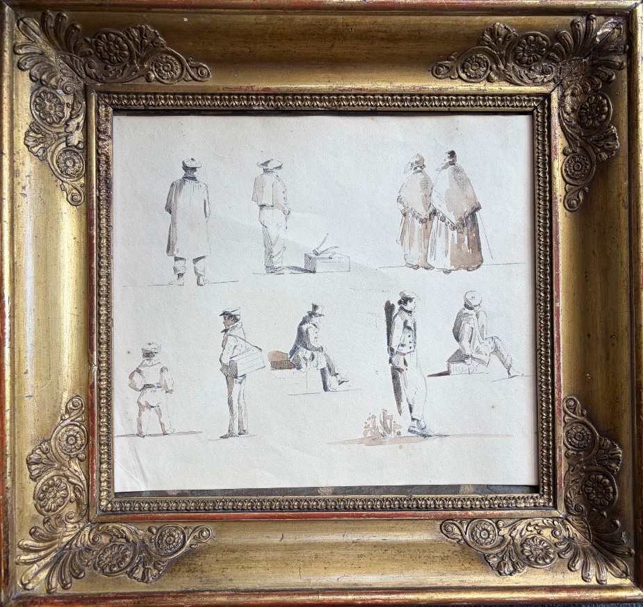 Feuille d’études de personnages, encre et lavis d’encre, XIX eme siècle, France.