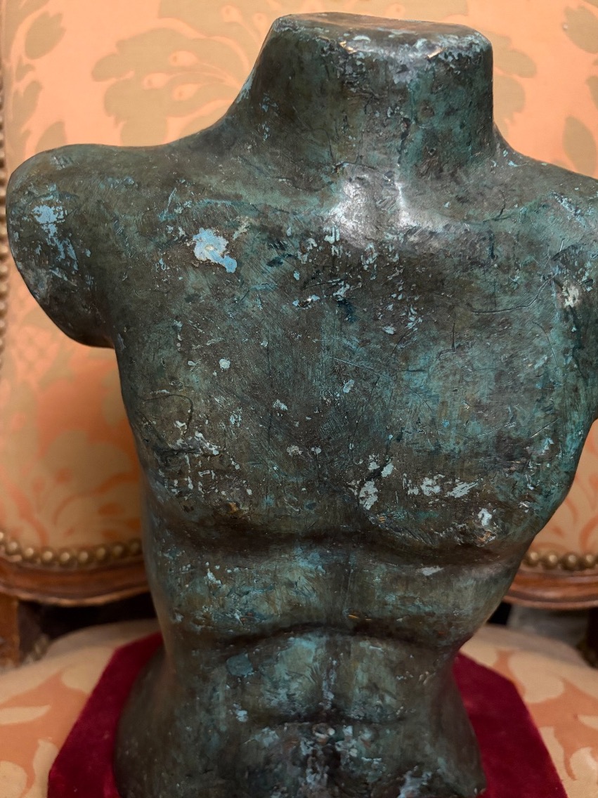 Torse masculin en cuivre patiné vert, dans le goût antique. XX eme siècle.-photo-4