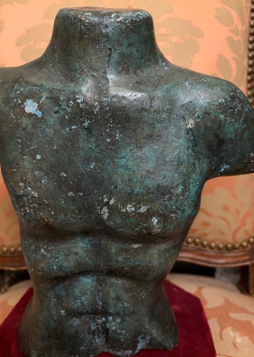 Torse masculin en cuivre patiné vert, dans le goût antique. XX eme siècle.-photo-5