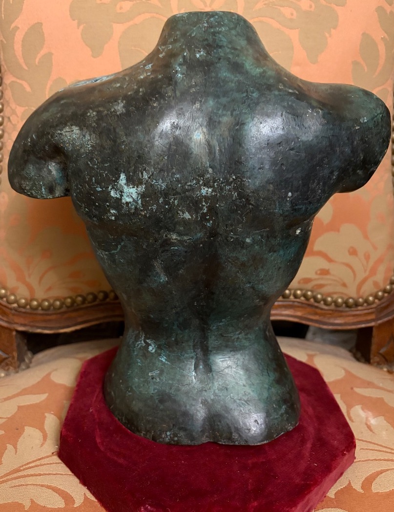 Torse masculin en cuivre patiné vert, dans le goût antique. XX eme siècle.-photo-6