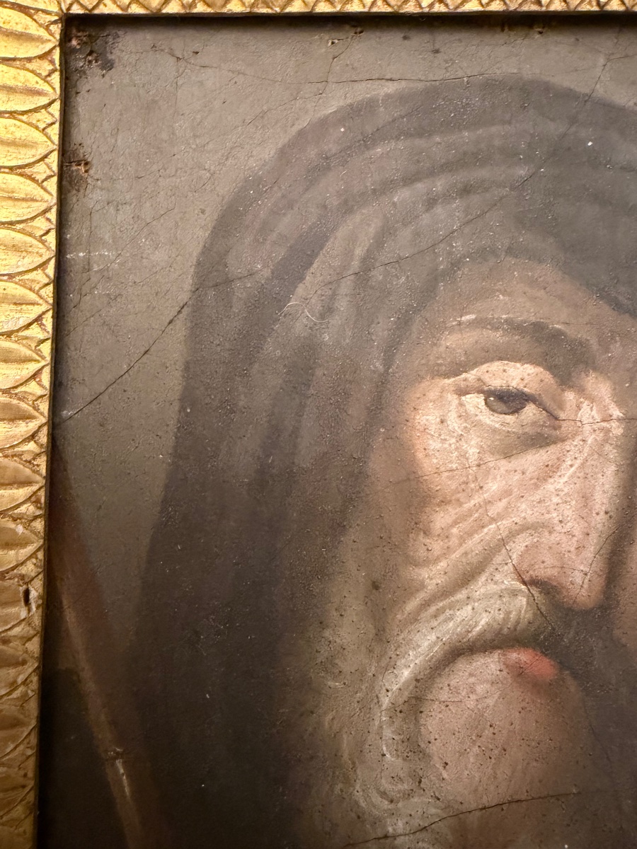 Portrait Of A Holy Man, Oil On Canvas, 17th Century. France. Beautiful 18th-century Frame.-photo-3