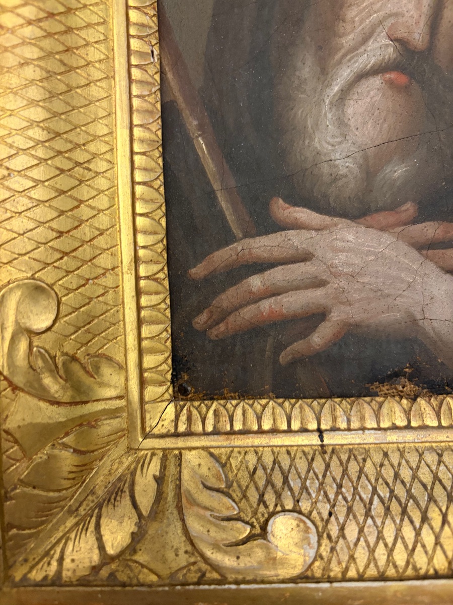 Portrait Of A Holy Man, Oil On Canvas, 17th Century. France. Beautiful 18th-century Frame.-photo-3