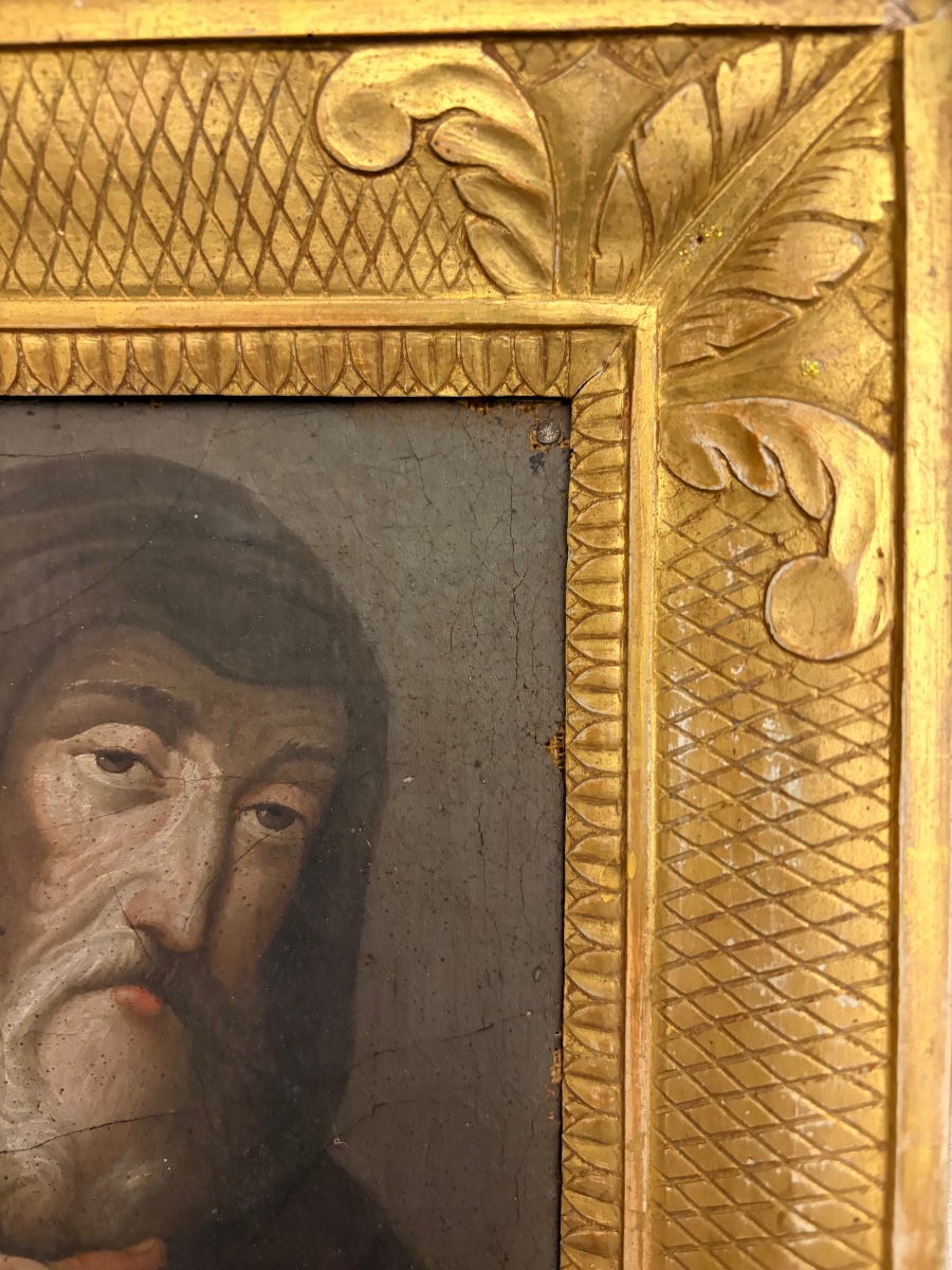 Portrait Of A Holy Man, Oil On Canvas, 17th Century. France. Beautiful 18th-century Frame.-photo-7
