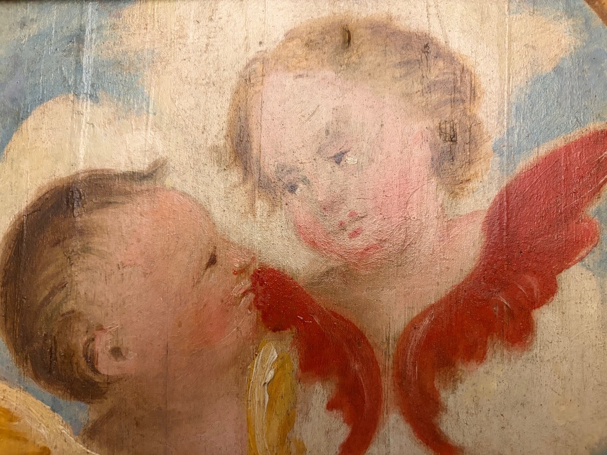 Oil On Wood, Two Cherub Heads Against A Background Of Clouds, 18th Century. Italian Gilded Wood Frame.-photo-2