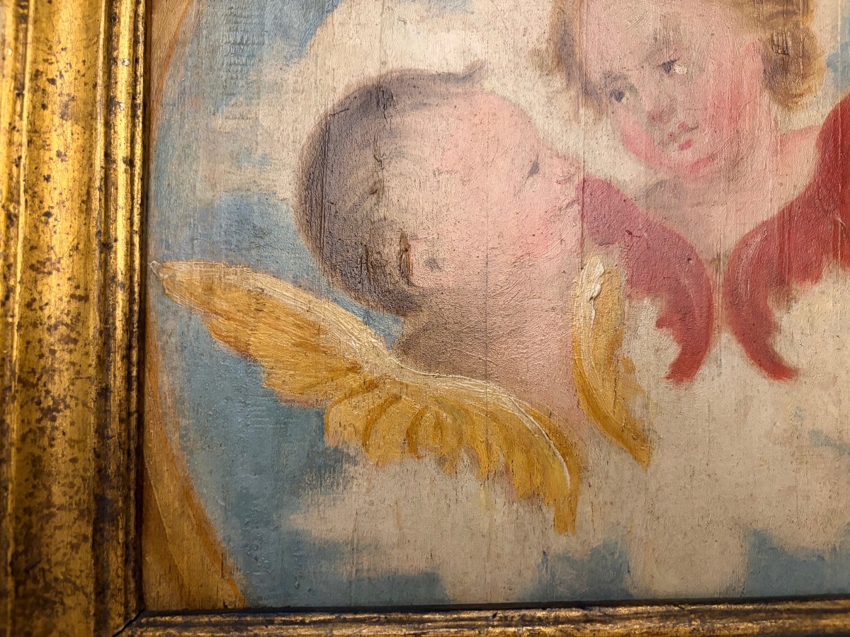 Oil On Wood, Two Cherub Heads Against A Background Of Clouds, 18th Century. Italian Gilded Wood Frame.-photo-3