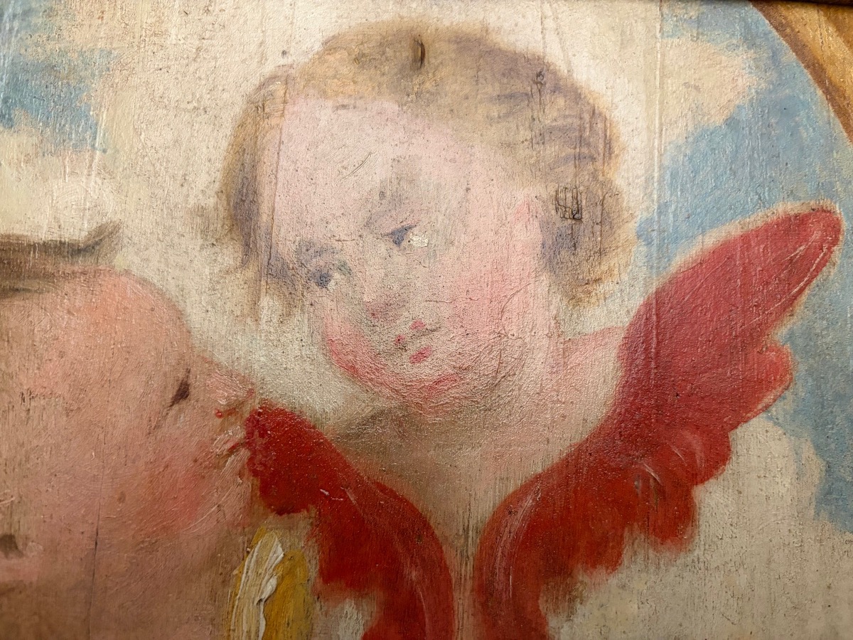 Oil On Wood, Two Cherub Heads Against A Background Of Clouds, 18th Century. Italian Gilded Wood Frame.-photo-4