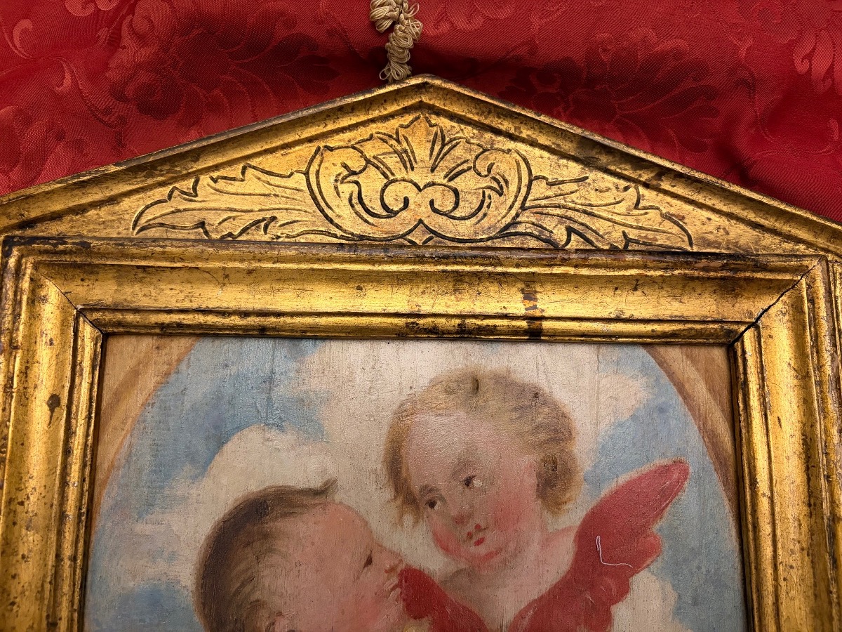 Oil On Wood, Two Cherub Heads Against A Background Of Clouds, 18th Century. Italian Gilded Wood Frame.-photo-2